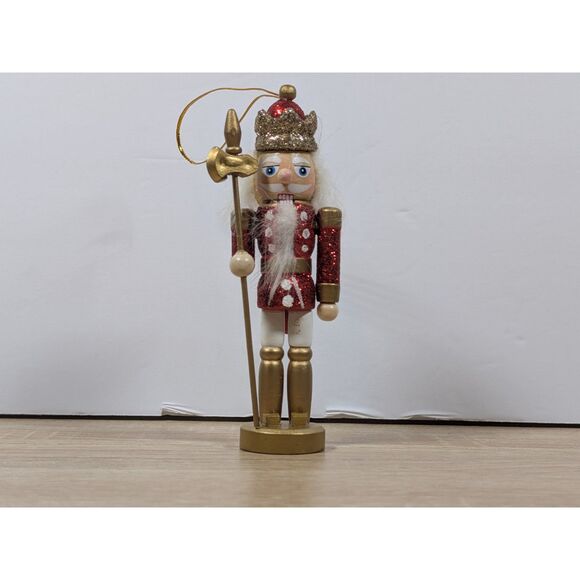 Red Glitter Nutcracker Ornament King Soldier Figure Christmas Decor w/ Staff - Picture 1 of 2